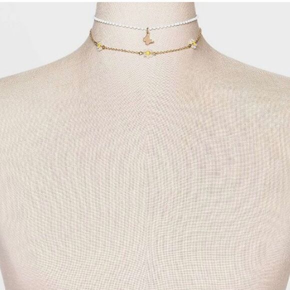 Butterfly Flower & Cherry Beaded Chain Choker Set 5pc - Picture 3 of 3